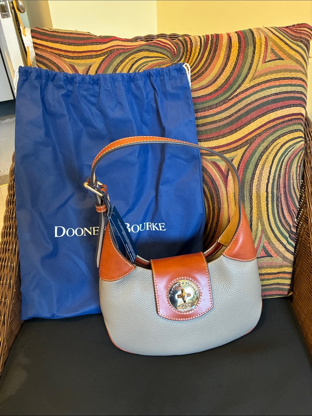 Dooney & Bourke Gray and Brown Pebbled Leather Hobo with Turn-Lock